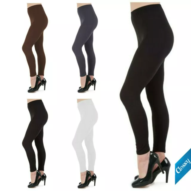 Ladies Womens Plain Leggings Full Length Cotton Black + Colours UK Size 6 - 26