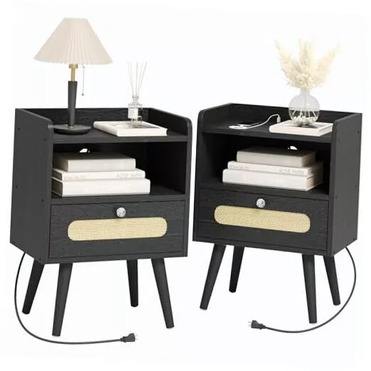 Diamond Décor Nightstands Set of with Charging Station, Rattan Bedside 2 Black