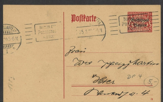 Altdeutschland Bayern 1920 Postkarte DP 4 Maschinenstempel Kaiserslautern Amt