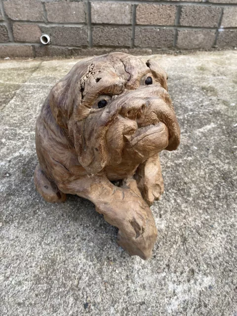 ChiselCraft Large Hand made Teak Wood Sculpture Abstract  Art Unique Bulldog Dog