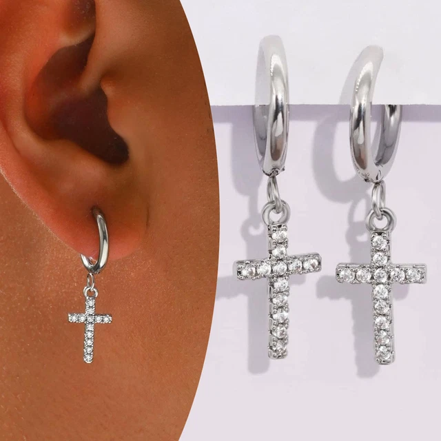 Orecchini A Cerchio Con Croce Per Uomo E Donna | 2 Paia | Acciaio Chirurgico | Nero E Argento