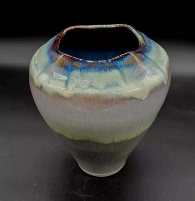Bill Campbell Art Pottery Mottled Drip Glaze Blue Purple White Square Mouth 7” 3