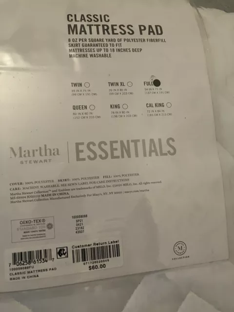 Martha Stewart Essentials Classic Full Mattress Pad