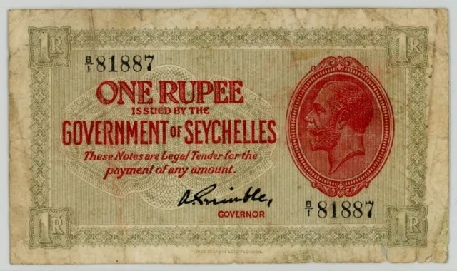 Seychelles 1 Rupee P2f 1936ND CCCS F12 Tears #22669