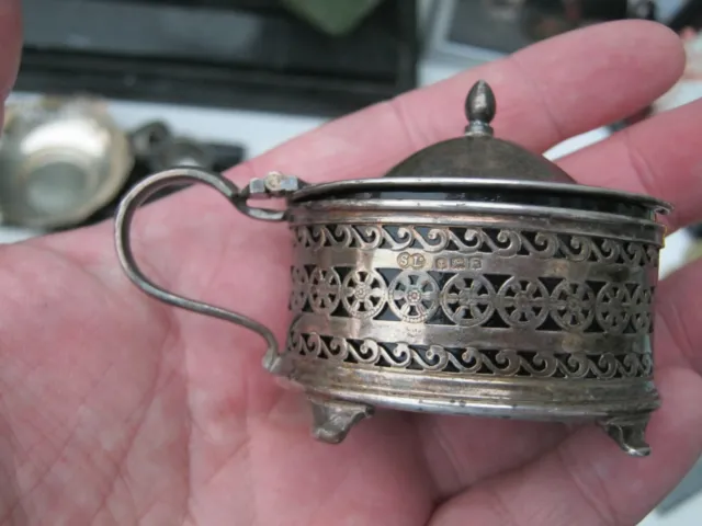 Birmingham 1941 Quality Sterling Silver Mustard Pot With Blue Glass Liner