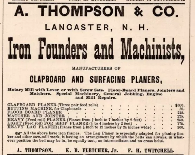 1881 A. Thompson & Co Iron Founders Machinists LANCASTER NH  3.5" Print Ad