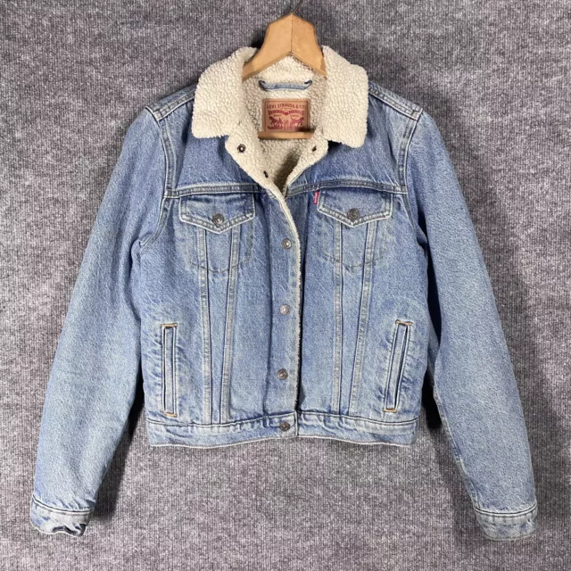 Levis Denim Sherpa Lined Trucker Jacket Women's Size Small Vtg Light Wash