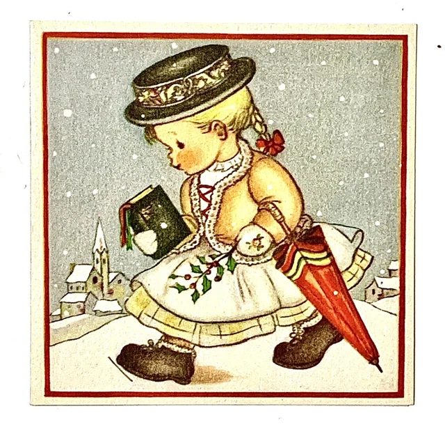 ARS SACRA Vtg Greeting Card Girl Christmas 1944 Umbrella Bible Church Holly WW 2