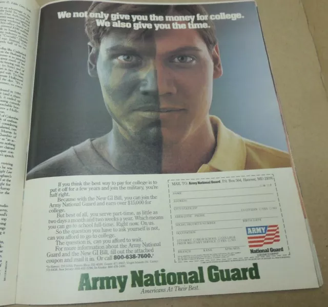 1989 Mint Print Ad Poster Army National Guard Camoflage Face Money for College