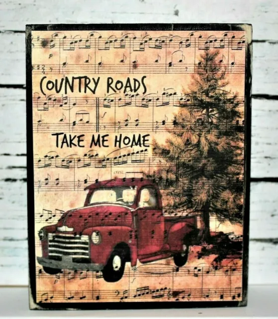 Country Roads Primitive Rustic Farmhouse Wooden Sign Block Shelf Sitter 3.5X4.5