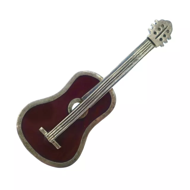 Acustic Guitar Sterling Silver Pin / Brooch with Brown Enamel Mexico Tl-92