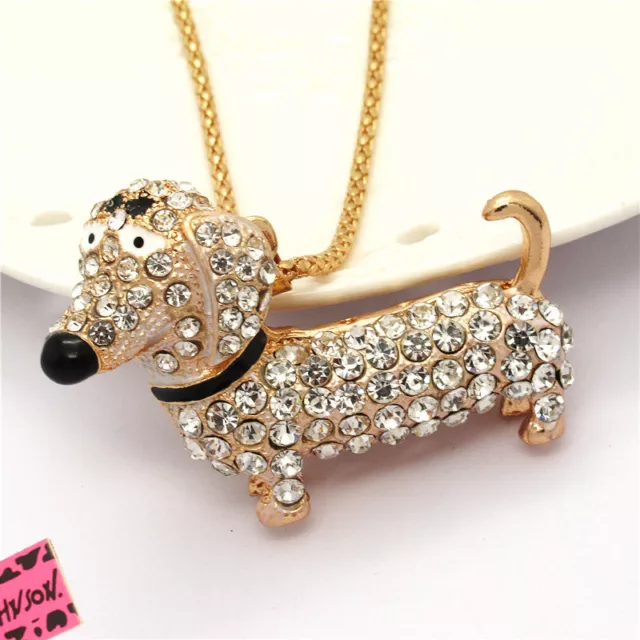 New Fashion Women Cute Crystal White Dachshund Dog Pendant Sweater Necklace