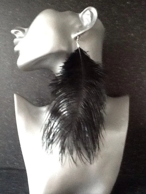 Black Fluffy Ostrich Feather Earrings Long Lush Fashion Jools Handmade