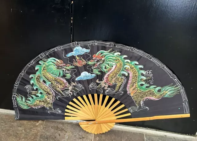 Large Vintage Dragon Fan Dragon Wall Decor Hand Painted Black Green Thailand 39"