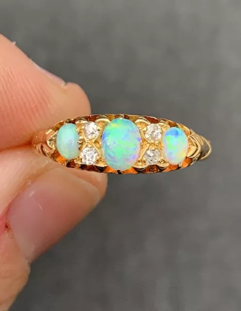 18ct Gold Natural Opal & Diamond Victorian Ring, 18k 750 (1898)