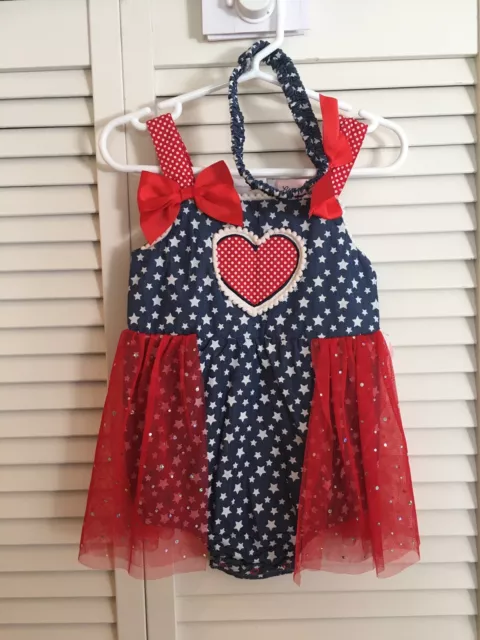 New Baby Girls Little Lass Dress/Headband ~ Patriotic Red White Blue  24 Months