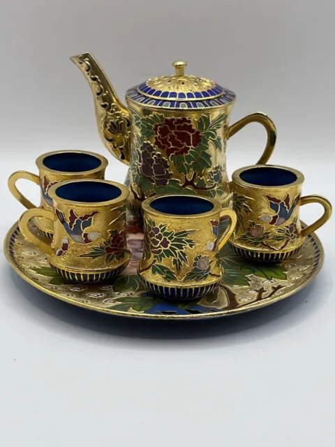 Cloisonne Miniature Tea Set Floral 6 Pieces birds butterfly flowers tea pot cups