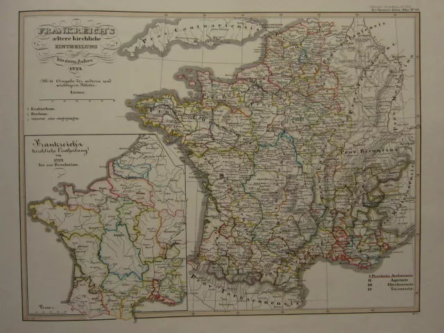 1846 Spruner Antique Historical Map ~ France Ecclesiastical Division 1322