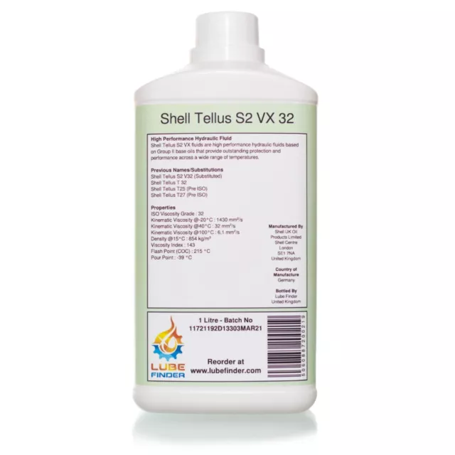 1L Shell Tellus S2 VX 32 (Tellus V32/T25/T27) ISO VG 32 Hydraulic Fluid Oil