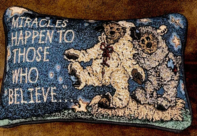 Boyds Bears Tapestry Throw Pillow “Miracles Happen To Those Who Believe” Vintage 2