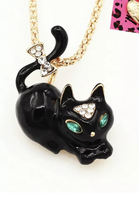 Betsey Johnson Black Enamel Crystal Cat Kitten Pendant Necklace Brooch NWT