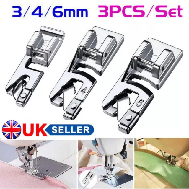 3Pcs Rolled Hem Presser Feet Snap Set For Brother Singer Janome Sewing Machine