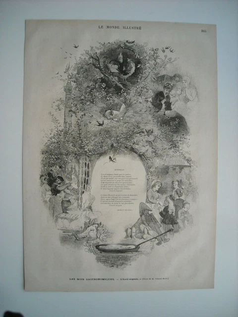 Gravure 1877. Les Mois Gastronomiques. L’avril Mignon. Par M. Edmond Morin.