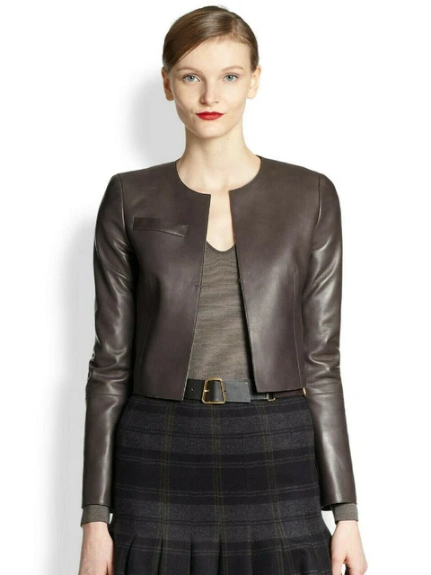 Donna Corto Motore Bolero Coprispalle Biker Giacca Vera Pelle Marrone Scuro