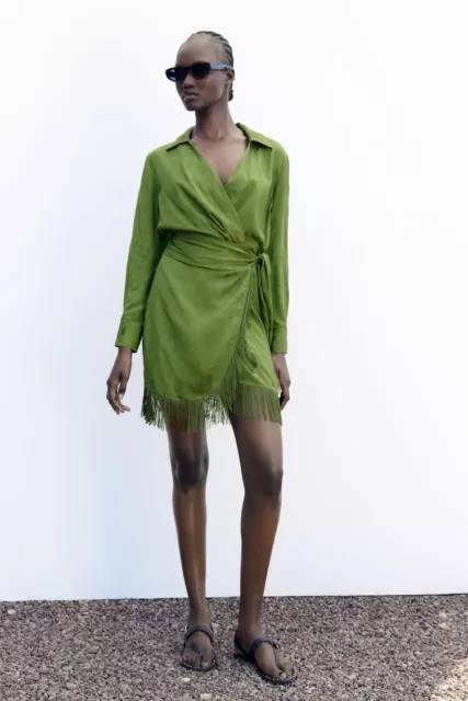 ZARA MAXI LONG LIMITED EDITION GREEN HALTER DRESS WITH FRINGING