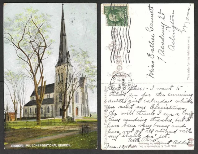 1911 Maine Postcard - Augusta - Congregational Church