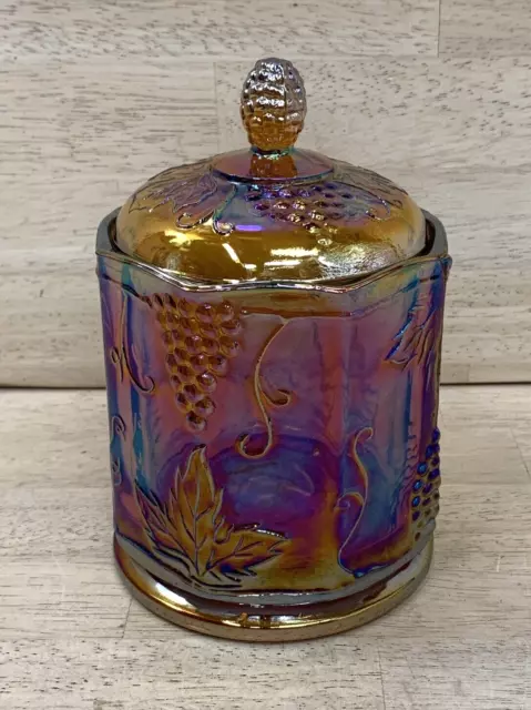 Indiana Carnival Glass Harvest Grape Canister Lid Amber Marigold Iridescent 7"