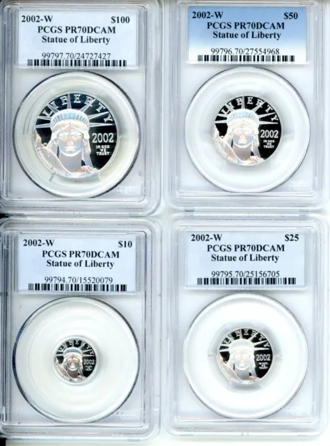 2002-W 4-Coins Set Platinum Statue Liberty Pcgs Proof Pr70 Pf70 $100 $50 $25 $10