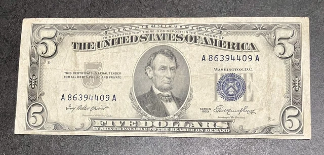 Circulated series 1953A $5 blue seal silver certificate.  Number A86