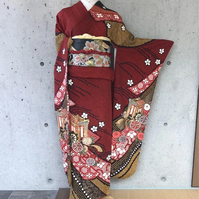 Japanese Kimono Pure Silk Long-sleeved Kimono Furisode Shibori 156cm Floral Red