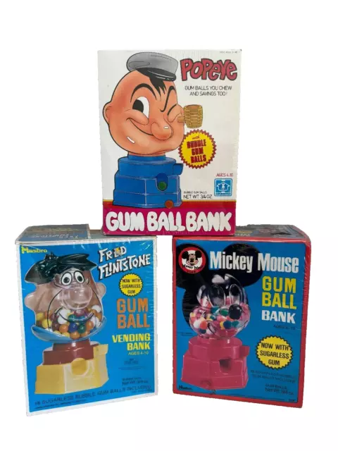 Vintage Popeye, Fred Flintstone & Mickey Mouse Gum Ball Machine/Bank [LOT OF 3]
