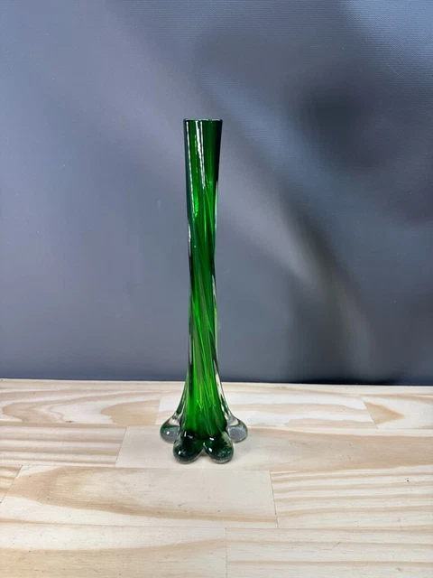 Art Glass Green Swirled Elephant Foot Bud Vase Hand Blown 11.75”T 3”W