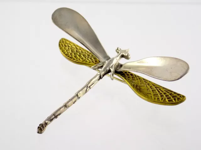 Vintage Sterling Silver and Brass Figural Dragonfly Pin Brooch 17.5g 2 7/8 Inch