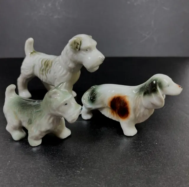 3 Japan dog figurines Schnauzer Dachshund Terrier porcelain vintage gray white N