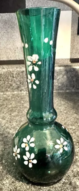 7” Hand Blown ART GLASS EMERALD GREEN HAND PAINTED FLORAL GOLD ACCENT BUD VASE