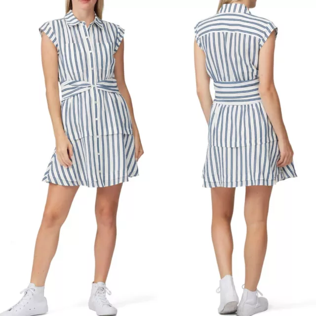 DEREK LAM 10 Crosby Dress Womens 8 Blue Stripe Shirtdress Snap Front Cap Sleeve