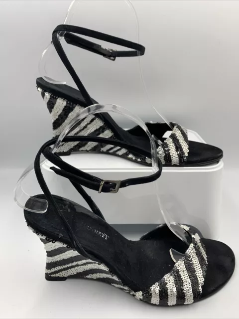 LK BENNETT BLACK And White Zebra Print Sequin Strappy Wedge Heels