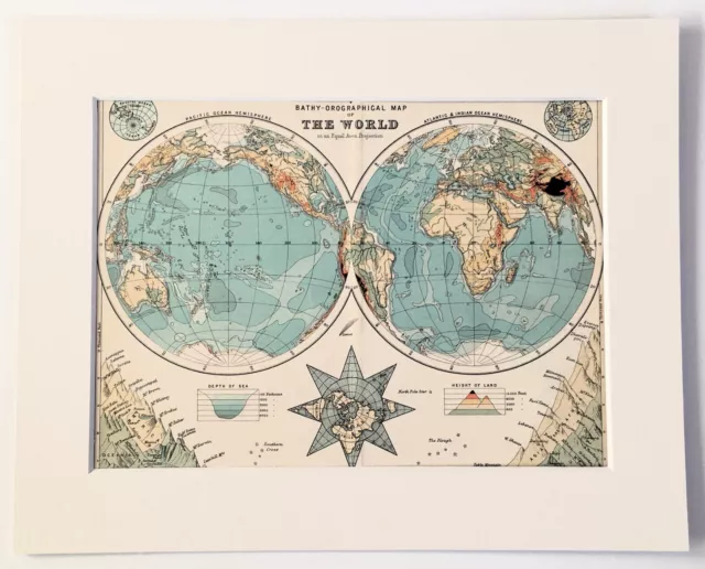 WORLD in HEMISPHERES c.1900 Antique Small Map by Bartholomew - Mounted Matted