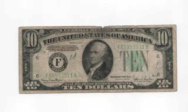 1934D $10 Ten Dollar Bill US Federal Reserve Note - Green Seal