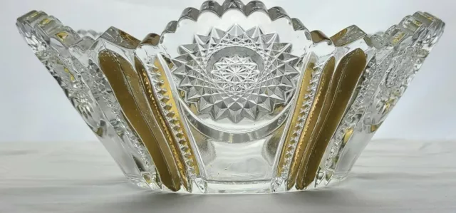 Crystal Cut Glass Bowl Gold Gilded Side Flower Pinwheel Sawtooth Scalloped Edge