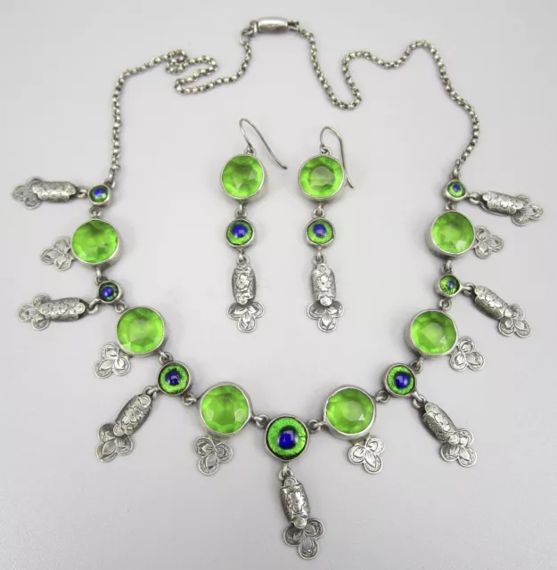 Early Art Nouveau 1910’S Ciro Sterling Peacock Eye Glass Necklace & Earrings Set