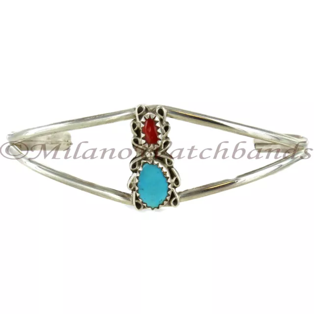 Womens Hand Made Turquoise & Coral Stone Sterling Silver Cuff Bracelet