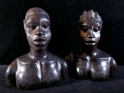 African Tribal Couple Male & Female Busts Or Bookends Resin Polymer Ebony Color