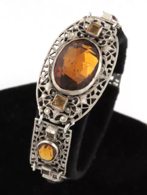 c. 1930 - RARE ART DECO FACETED TOPAZ GLASS FILIGREE SILVER PLATED LINK BRACELET