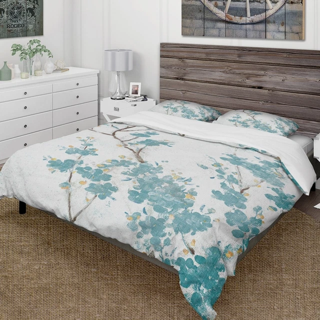 Designart 'Teal Cherry Blossoms II' Farmhouse Bedding Set -