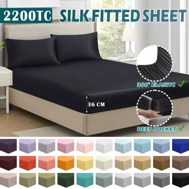 Hotel 2200TC Silk Satin Fitted Sheet Pillow Case Set Double Queen King (NO FLAT)